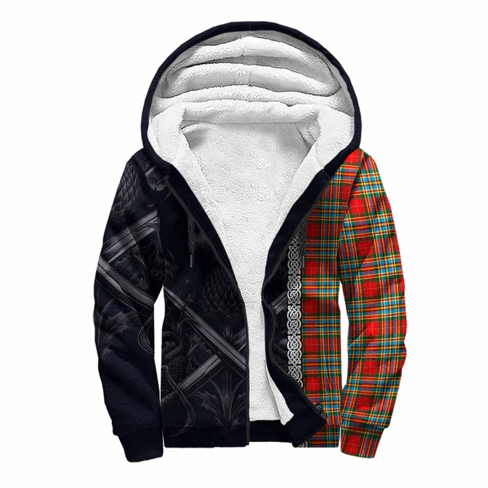 Tartan Vibes Clothing Chattan Tartan Sherpa Hoodie with Family Crest Cross Sword Thistle Celtic Vibes