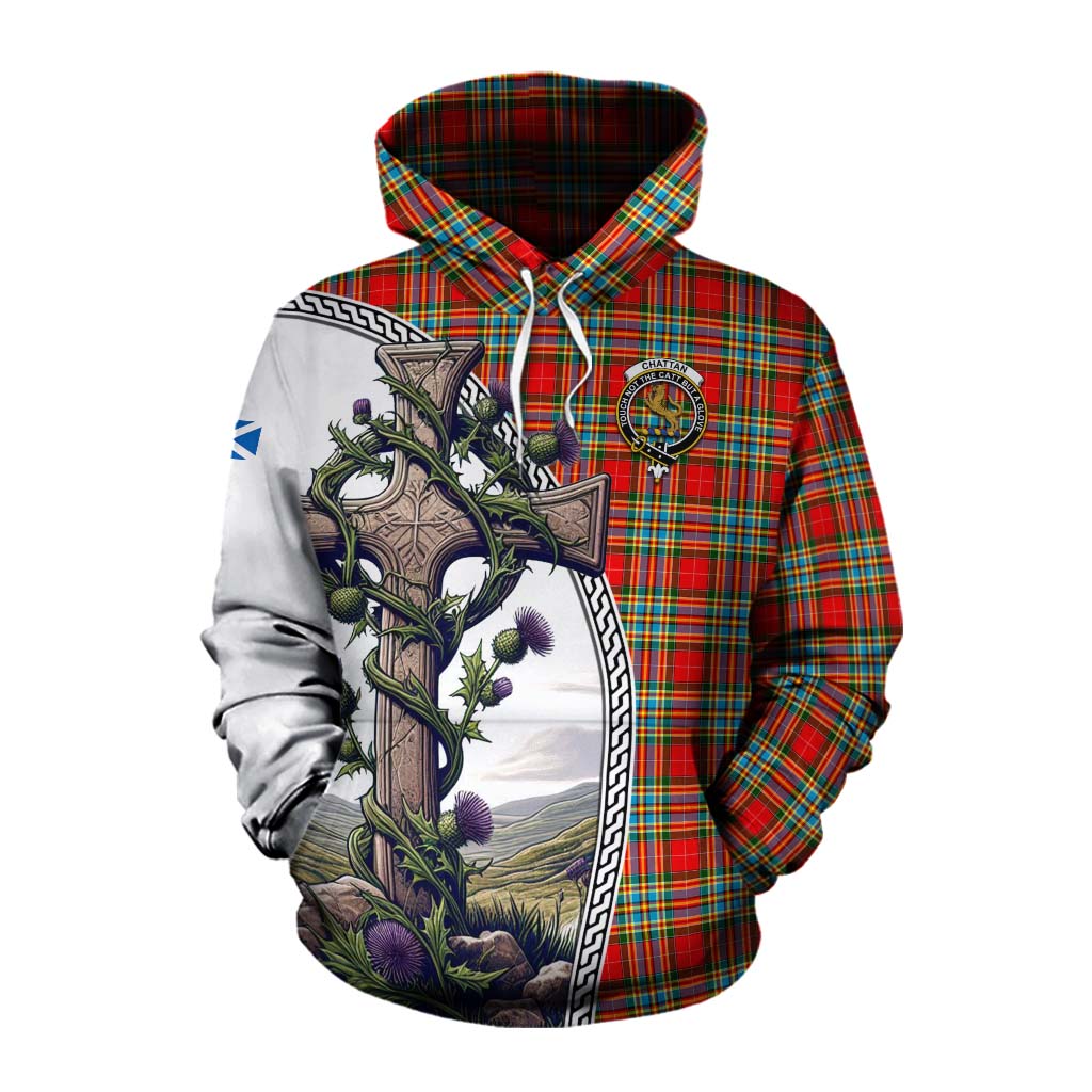 Tartan Vibes Clothing Chattan Tartan Cotton Hoodie with Family Crest and St. Andrew's Cross Accented by Thistle Vines
