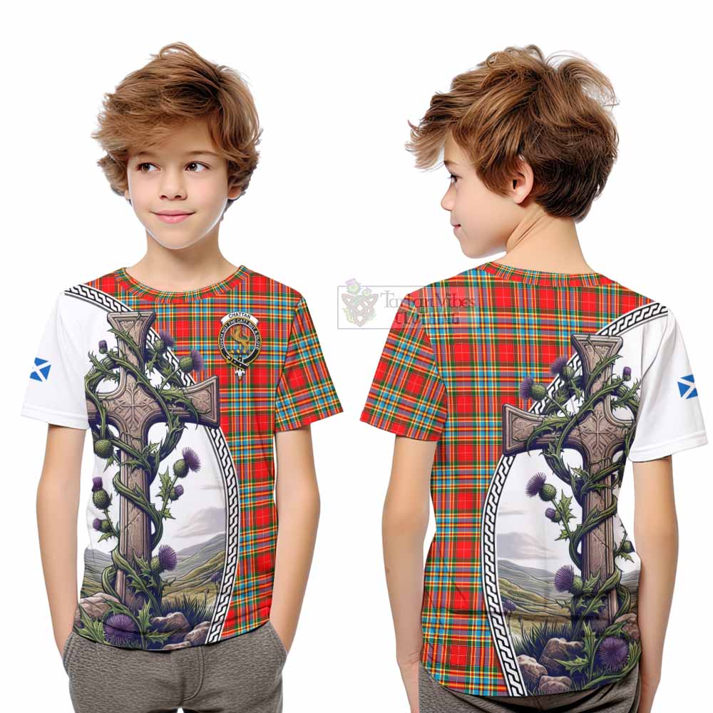 Tartan Vibes Clothing Chattan Tartan Kid T-Shirt with Family Crest and St. Andrew's Cross Accented by Thistle Vines