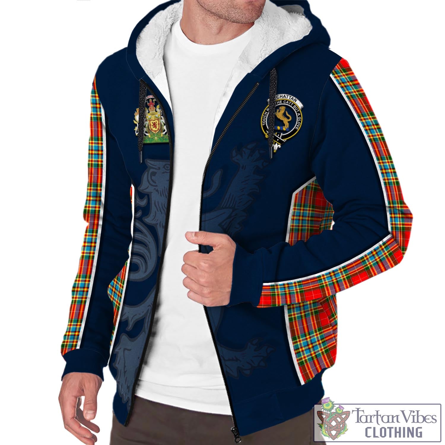 Tartan Vibes Clothing Chattan Tartan Sherpa Hoodie with Family Crest and Lion Rampant Vibes Sport Style
