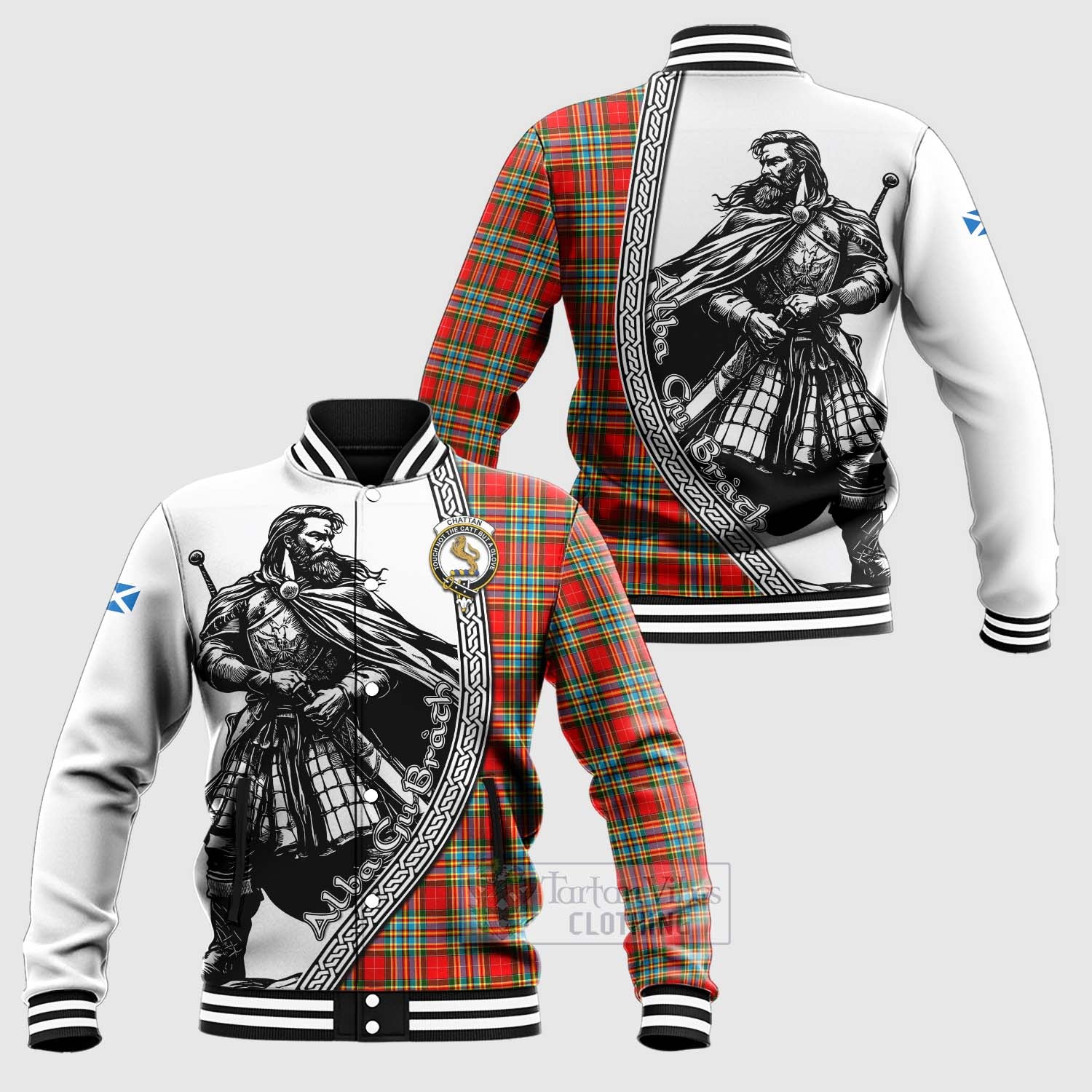 Tartan Vibes Clothing Chattan Tartan Clan Crest Baseball Jacket with Highlander Warrior Celtic Style