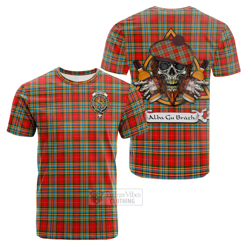 Tartan Vibes Clothing Chattan Tartan Cotton T-shirt with Family Crest and Bearded Skull Holding Bottles of Whiskey