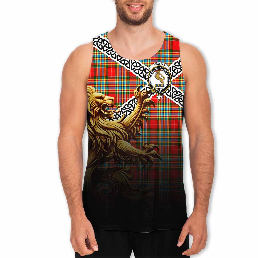 Tartan Vibes Clothing Chattan Crest Tartan Men's Tank Top with Golden Lion Emblem Celtic Style