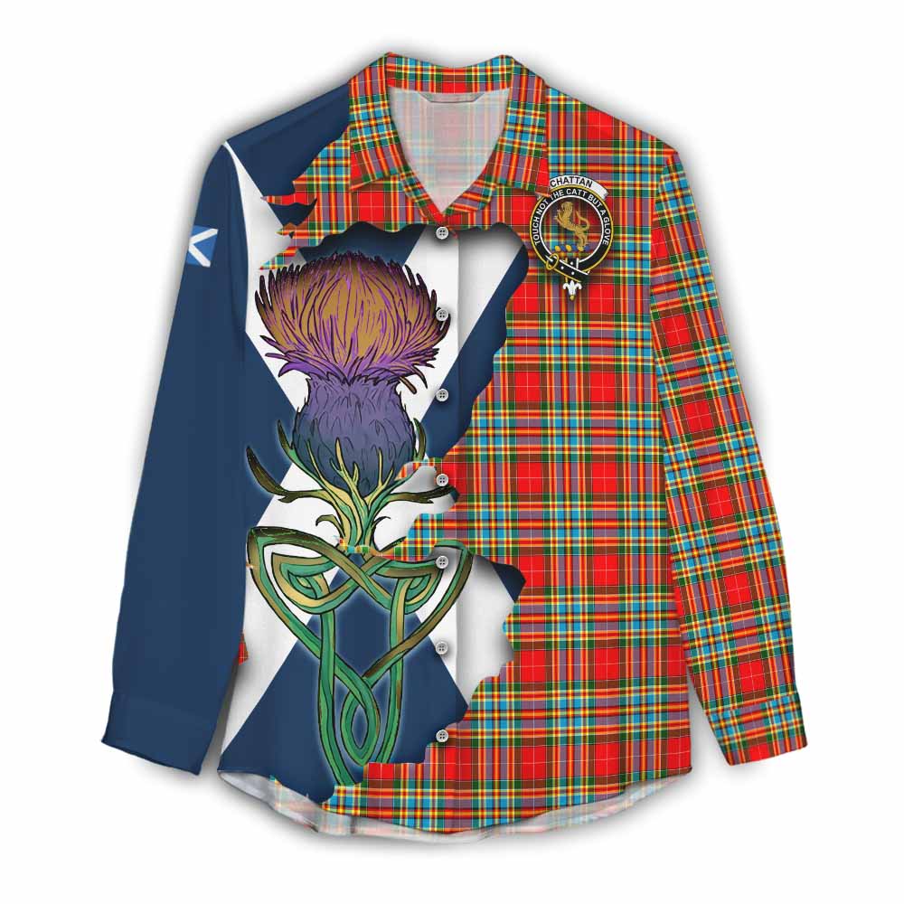 Tartan Vibes Clothing Chattan Tartan Family Crest Women's Casual Shirt Scottish Thistle Celtic Inspired