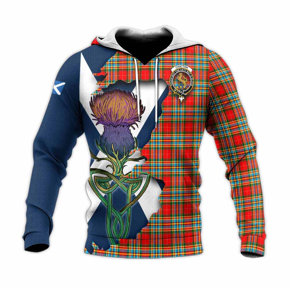 Tartan Vibes Clothing Chattan Tartan Family Crest Knitted Hoodie Scottish Thistle Celtic Inspired