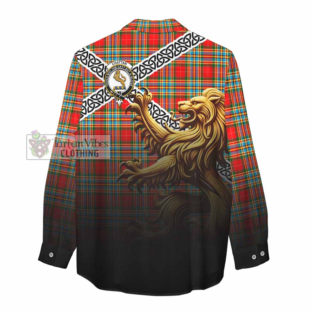 Tartan Vibes Clothing Chattan Crest Tartan Women's Casual Shirt with Golden Lion Emblem Celtic Style