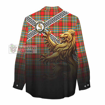 Tartan Vibes Clothing Chattan Crest Tartan Women's Casual Shirt with Golden Lion Emblem Celtic Style