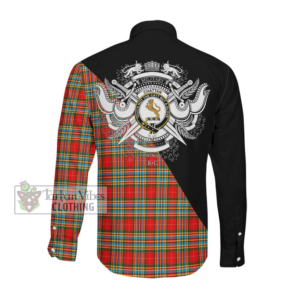 Chattan Tartan Long Sleeve Button Shirt with Family Crest and Military Logo Style Men's Shirt - Tartanvibesclothing Shop