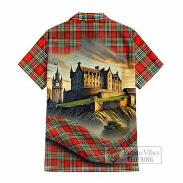 Tartan Vibes Clothing Chattan Tartan Family Crest Short Sleeve Button Shirt with Scottish Ancient Castle Style
