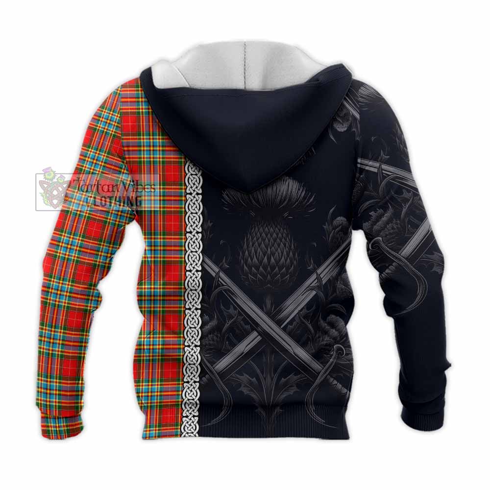 Tartan Vibes Clothing Chattan Tartan Knitted Hoodie with Family Crest Cross Sword Thistle Celtic Vibes