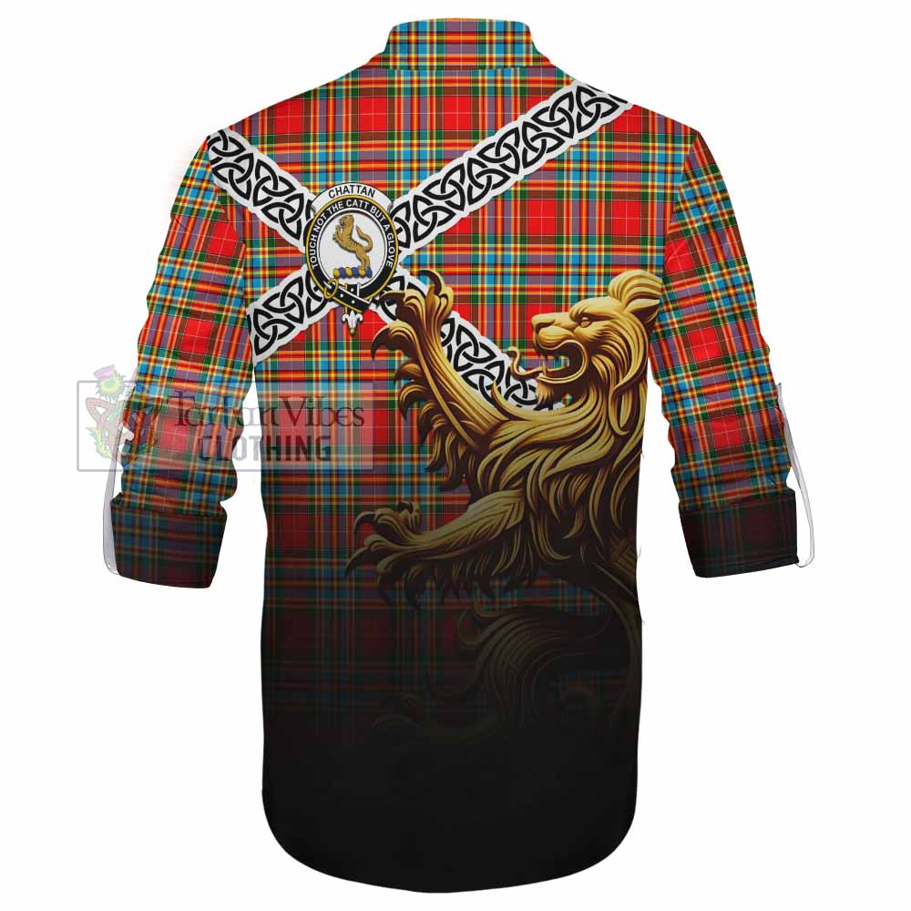 Tartan Vibes Clothing Chattan Crest Tartan Ghillie Kilt Shirt with Golden Lion Emblem Celtic Style
