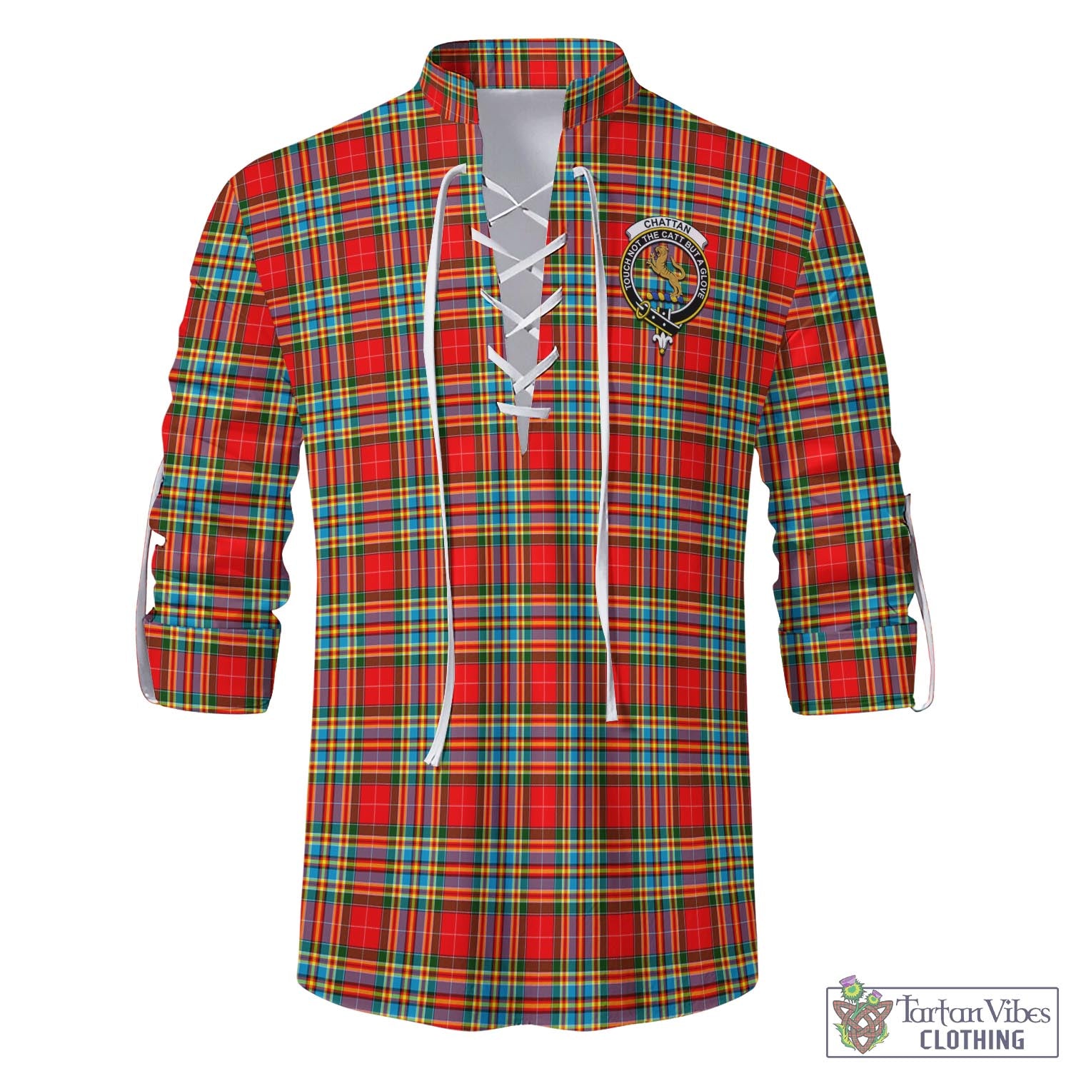 Tartan Vibes Clothing Chattan Tartan Men's Scottish Traditional Jacobite Ghillie Kilt Shirt with Family Crest