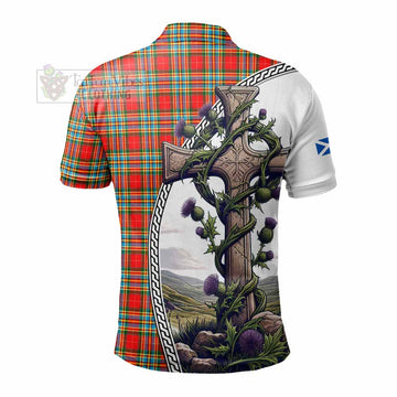 Chattan Tartan Polo Shirt with Family Crest and St. Andrew's Cross Accented by Thistle Vines