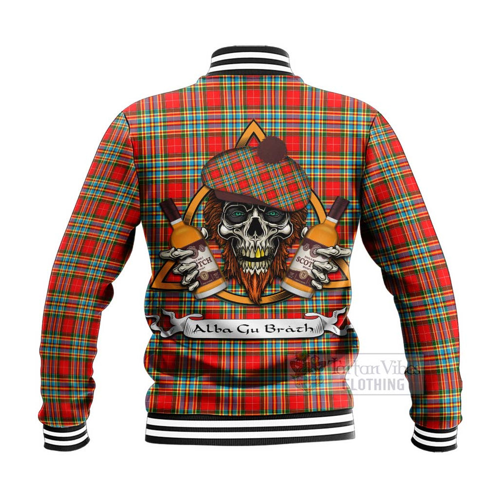 Tartan Vibes Clothing Chattan Tartan Baseball Jacket with Family Crest and Bearded Skull Holding Bottles of Whiskey
