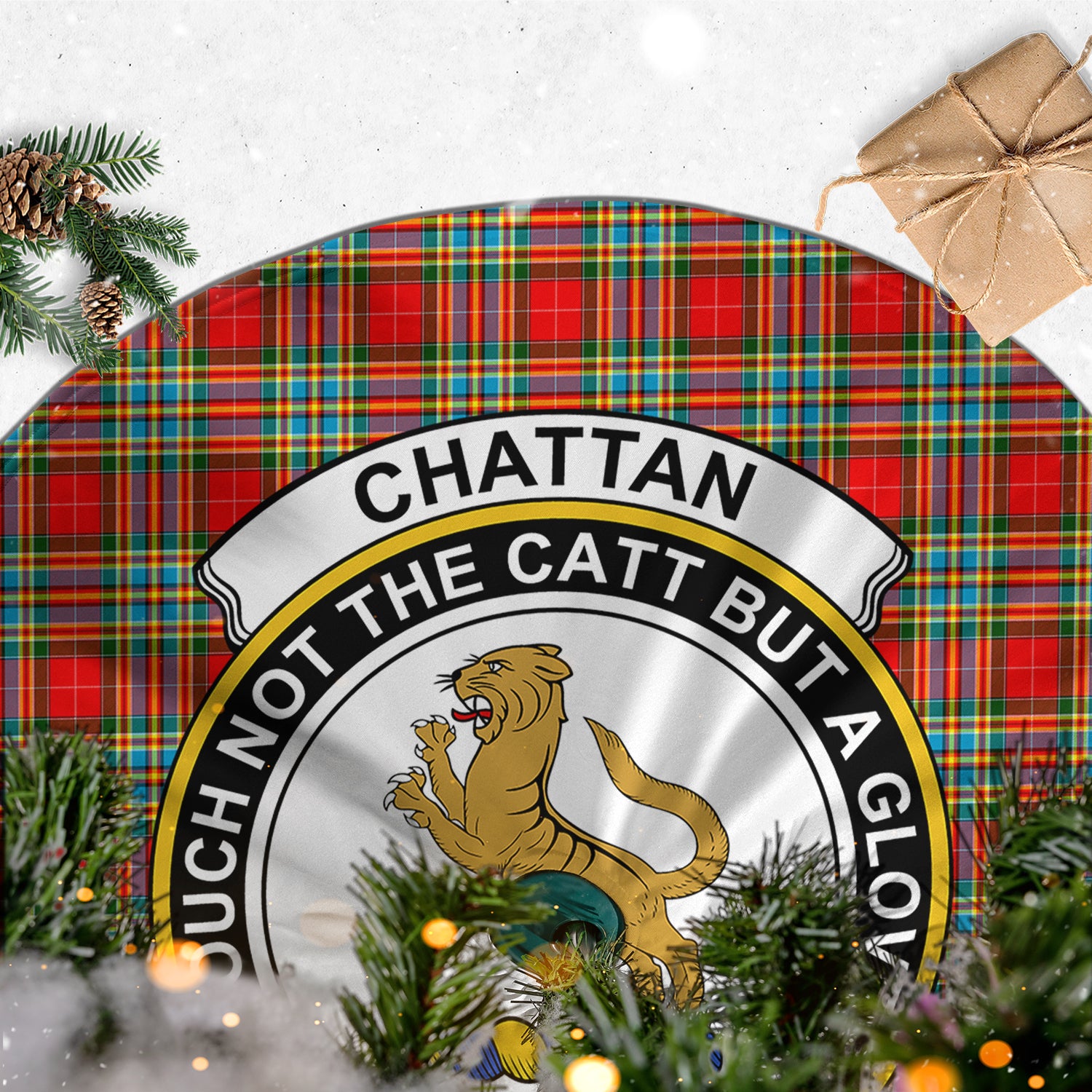 Chattan Tartan Christmas Tree Skirt with Family Crest - Tartanvibesclothing