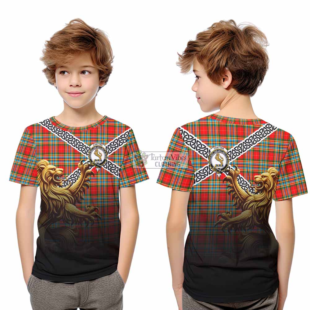 Tartan Vibes Clothing Chattan Crest Tartan Kid T-Shirt with Golden Lion Emblem Celtic Style