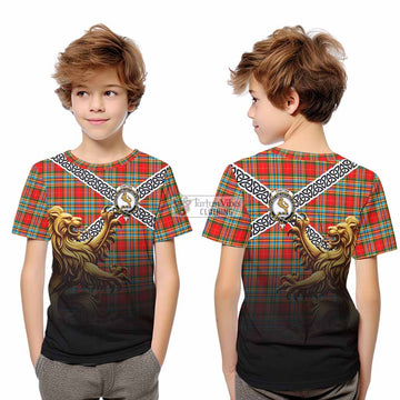 Tartan Vibes Clothing Chattan Crest Tartan Kid T-Shirt with Golden Lion Emblem Celtic Style