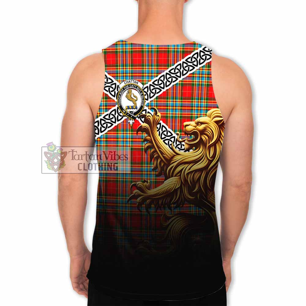Tartan Vibes Clothing Chattan Crest Tartan Men's Tank Top with Golden Lion Emblem Celtic Style