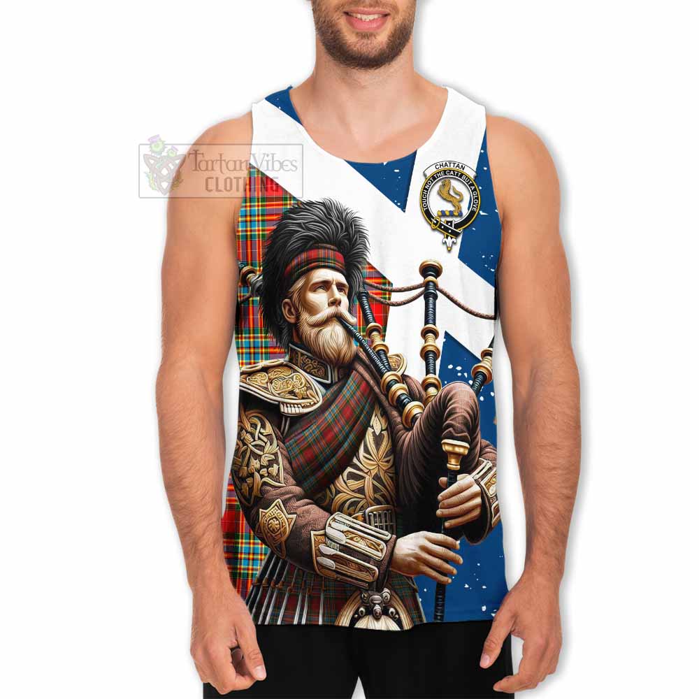 Chattan Tartan Men's Tank Top with Family Crest Scottish Bagpiper Vibes