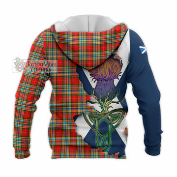 Tartan Vibes Clothing Chattan Tartan Family Crest Knitted Hoodie Scottish Thistle Celtic Inspired