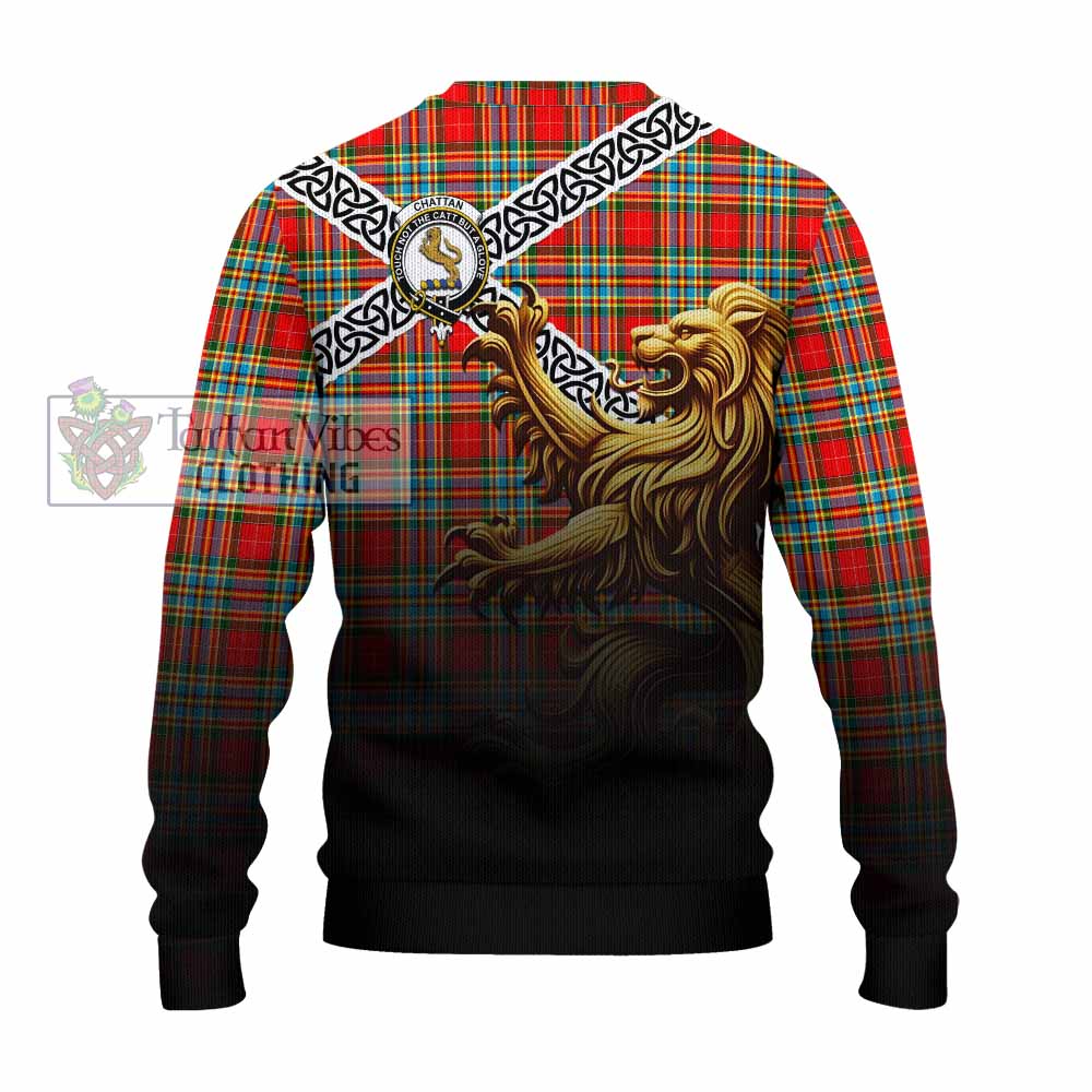 Tartan Vibes Clothing Chattan Crest Tartan Knitted Sweater with Golden Lion Emblem Celtic Style