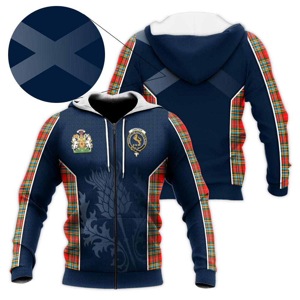 Tartan Vibes Clothing Chattan Tartan Knitted Hoodie with Family Crest and Scottish Thistle Vibes Sport Style