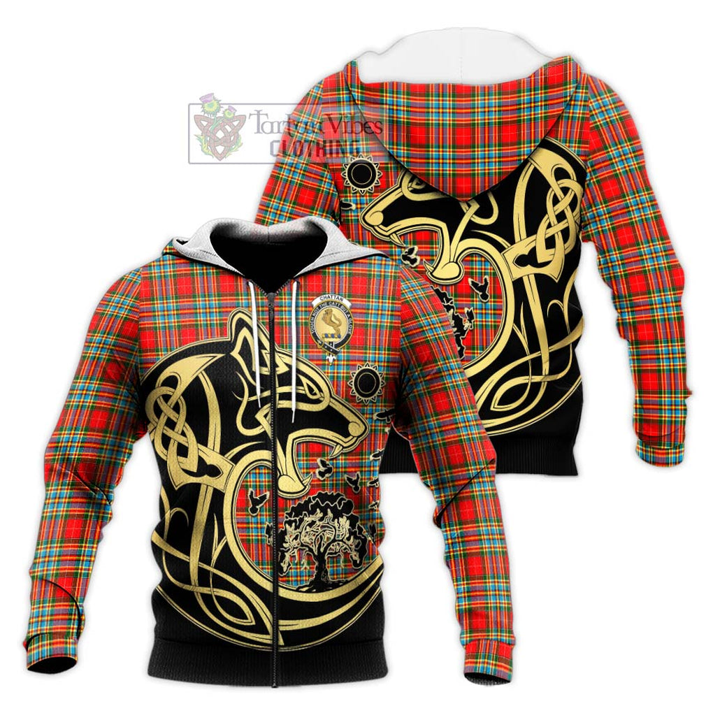 Chattan Tartan Knitted Hoodie with Family Crest Celtic Wolf Style Unisex Knitted Zip Hoodie - Tartan Vibes Clothing