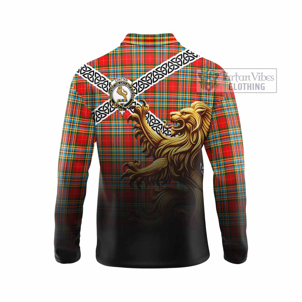 Tartan Vibes Clothing Chattan Crest Tartan Long Sleeve Polo Shirt with Golden Lion Emblem Celtic Style