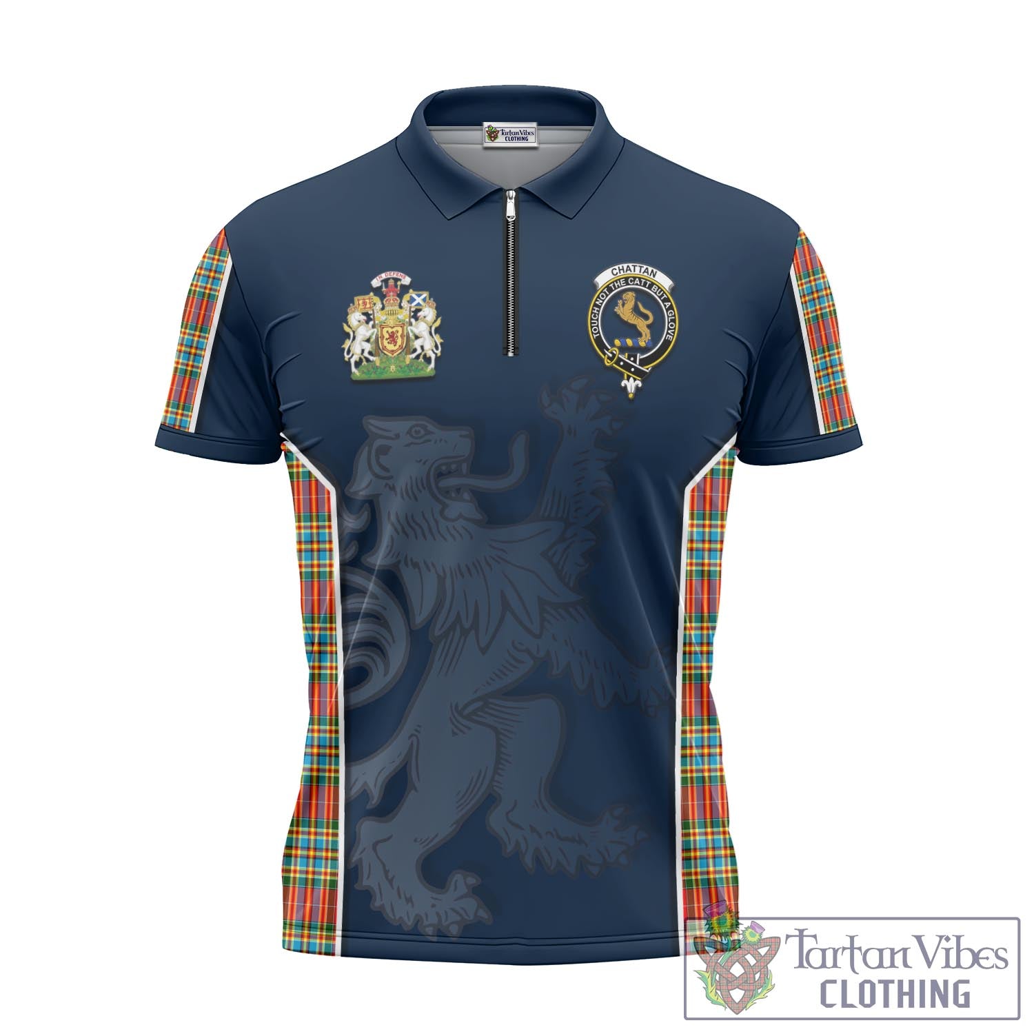 Tartan Vibes Clothing Chattan Tartan Zipper Polo Shirt with Family Crest and Lion Rampant Vibes Sport Style