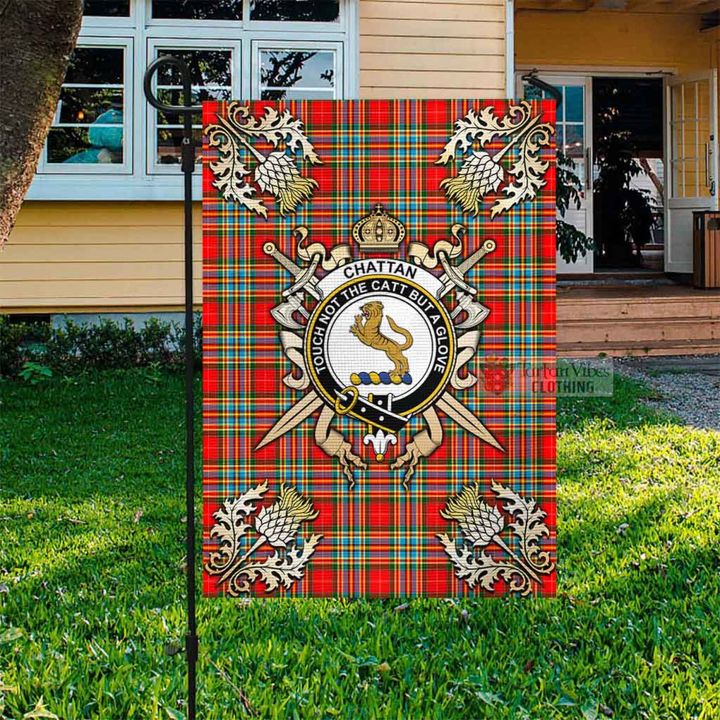 Tartan Vibes Clothing Chattan Tartan Flag with Family Crest and Golden Thistle Crossed Sword Design