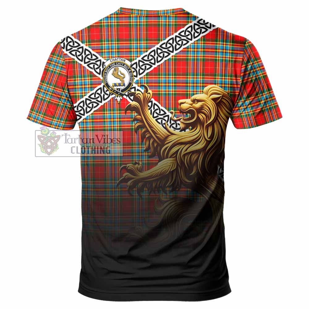 Tartan Vibes Clothing Chattan Crest Tartan T-Shirt with Golden Lion Emblem Celtic Style