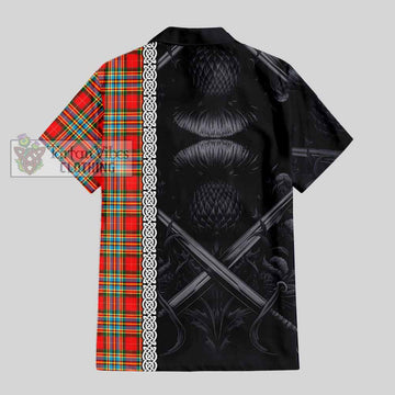Tartan Vibes Clothing Chattan Tartan Short Sleeve Button Shirt with Family Crest Cross Sword Thistle Celtic Vibes