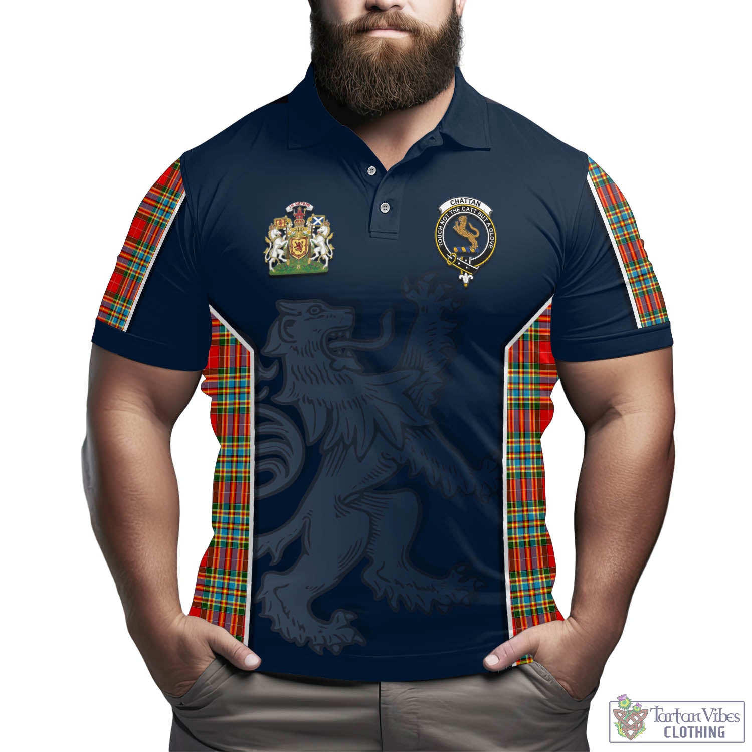 Tartan Vibes Clothing Chattan Tartan Men's Polo Shirt with Family Crest and Lion Rampant Vibes Sport Style