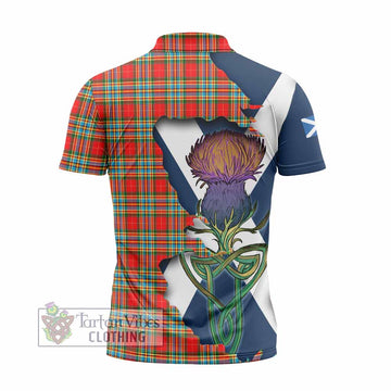 Chattan Tartan Family Crest Zipper Polo Shirt Scottish Thistle Celtic Inspired