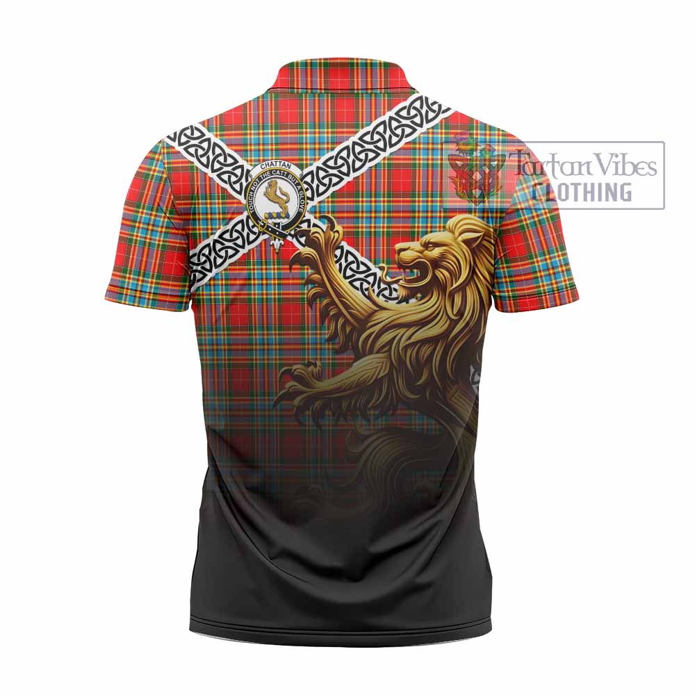 Tartan Vibes Clothing Chattan Crest Tartan Zipper Polo Shirt with Golden Lion Emblem Celtic Style