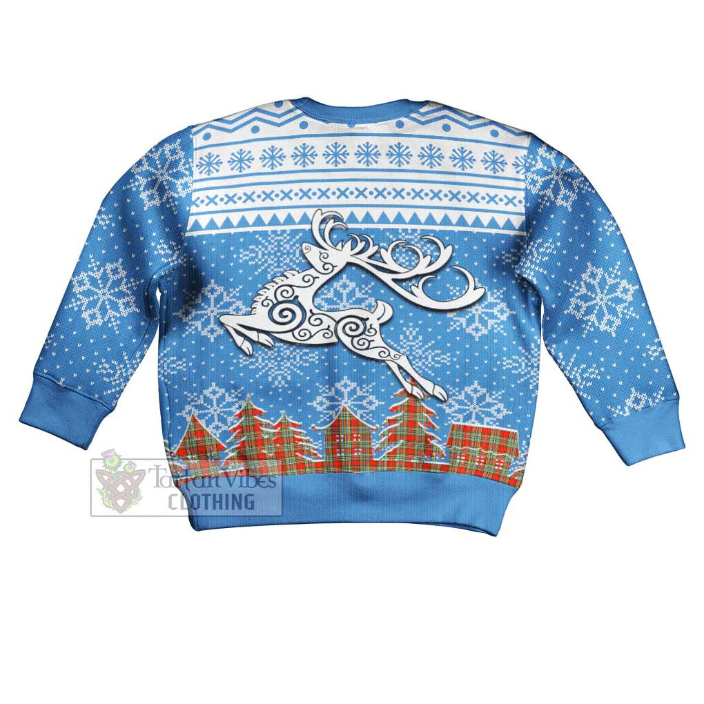 Tartan Vibes Clothing Chattan Clan Christmas Kid Ugly Sweater with Tartan and Celtic Raindeer Style
