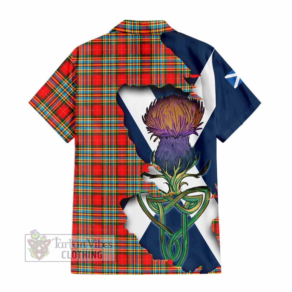 Tartan Vibes Clothing Chattan Tartan Family Crest Short Sleeve Button Shirt Scottish Thistle Celtic Inspired