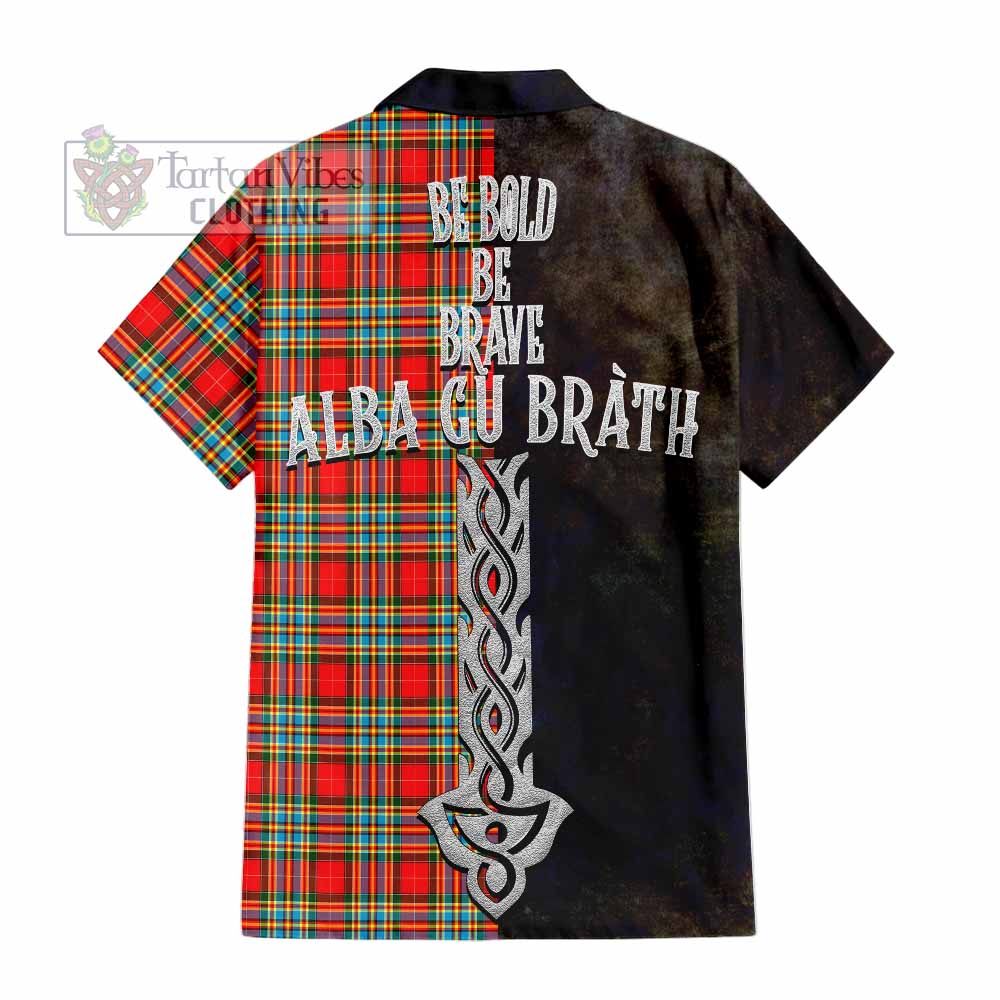 Tartan Vibes Clothing Chattan Tartan Family Crest Short Sleeve Button Shirt Alba Gu Brath Be Brave Lion Ancient Style
