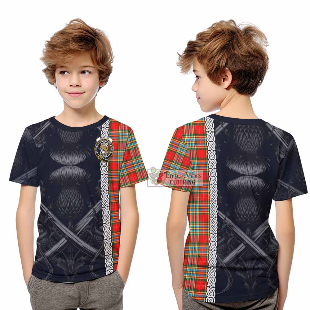 Tartan Vibes Clothing Chattan Tartan Kid T-Shirt with Family Crest Cross Sword Thistle Celtic Vibes
