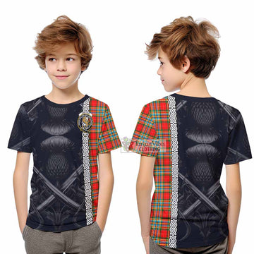 Tartan Vibes Clothing Chattan Tartan Kid T-Shirt with Family Crest Cross Sword Thistle Celtic Vibes