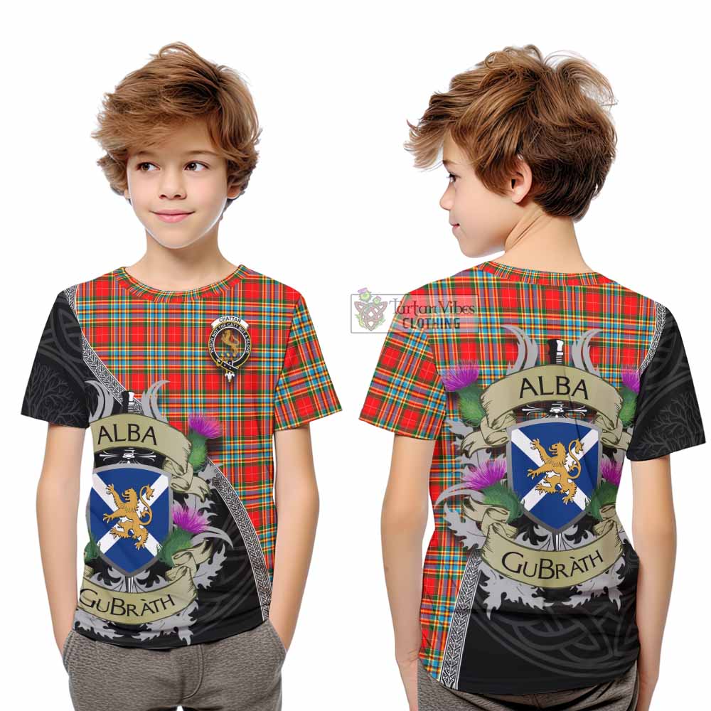 Tartan Vibes Clothing Chattan Tartan Family Crest Kid T-Shirt Lion Rampant Royal Thistle Shield Celtic Inspired