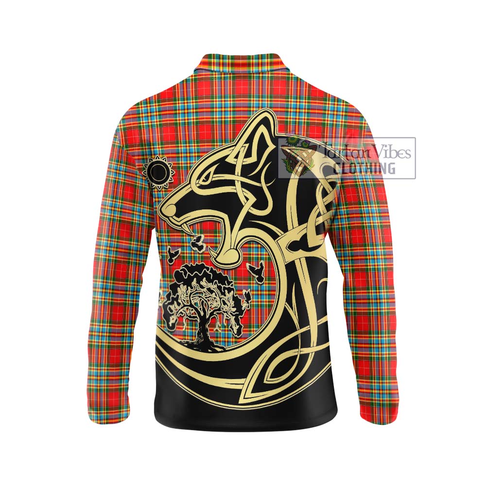 Chattan Tartan Long Sleeve Polo Shirt with Family Crest Celtic Wolf Style - Tartanvibesclothing Shop