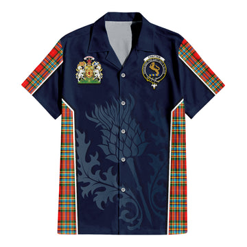 Tartan Vibes Clothing Chattan Tartan Short Sleeve Button Up Shirt with Family Crest and Scottish Thistle Vibes Sport Style