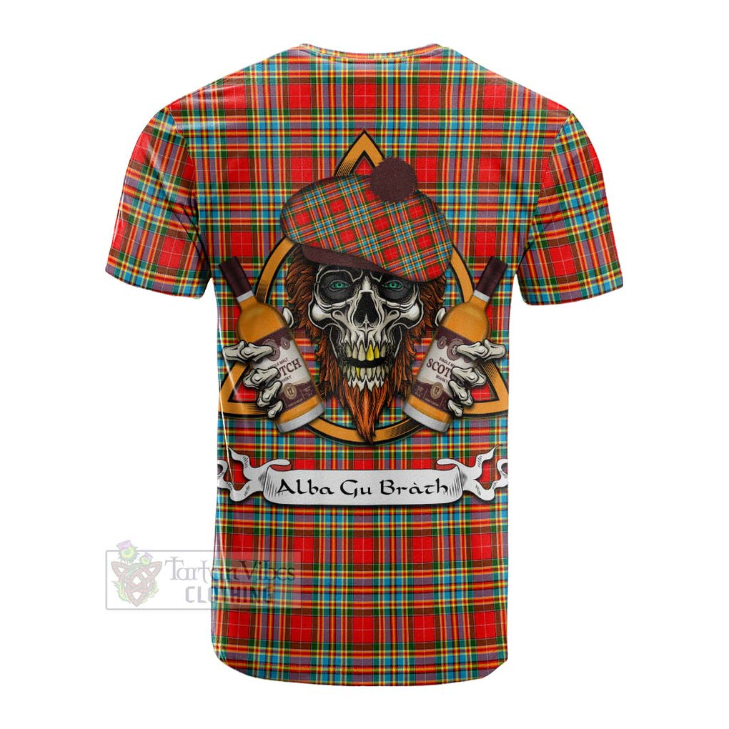 Tartan Vibes Clothing Chattan Tartan Cotton T-shirt with Family Crest and Bearded Skull Holding Bottles of Whiskey