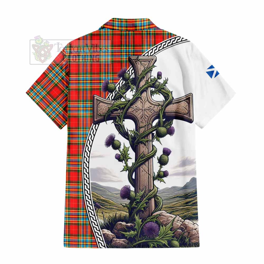 Tartan Vibes Clothing Chattan Tartan Short Sleeve Button Shirt with Family Crest and St. Andrew's Cross Accented by Thistle Vines