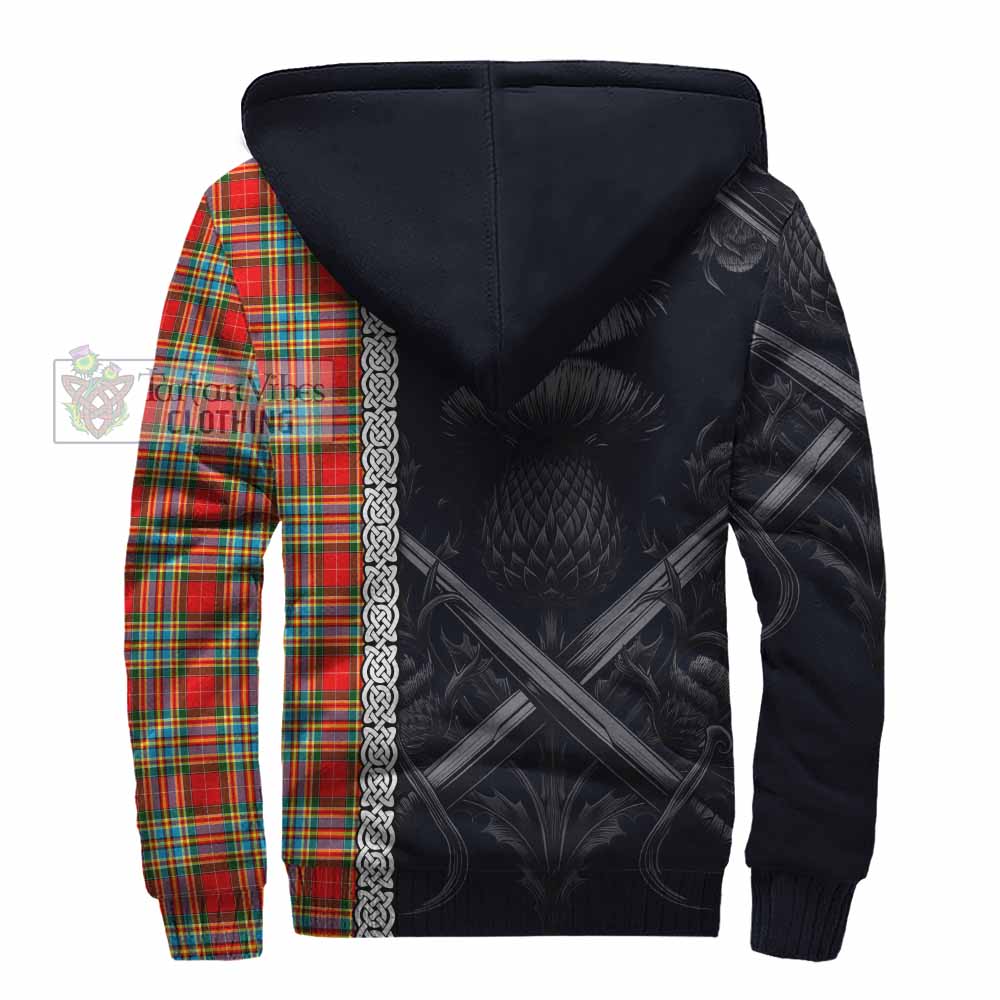 Tartan Vibes Clothing Chattan Tartan Sherpa Hoodie with Family Crest Cross Sword Thistle Celtic Vibes