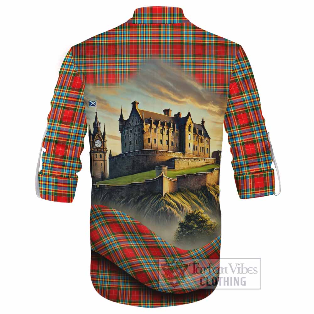 Tartan Vibes Clothing Chattan Tartan Family Crest Ghillie Kilt Shirt with Scottish Ancient Castle Style