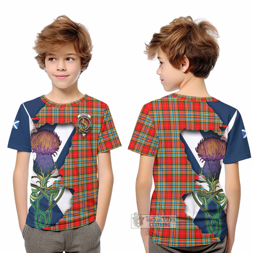 Tartan Vibes Clothing Chattan Tartan Family Crest Kid T-Shirt Scottish Thistle Celtic Inspired