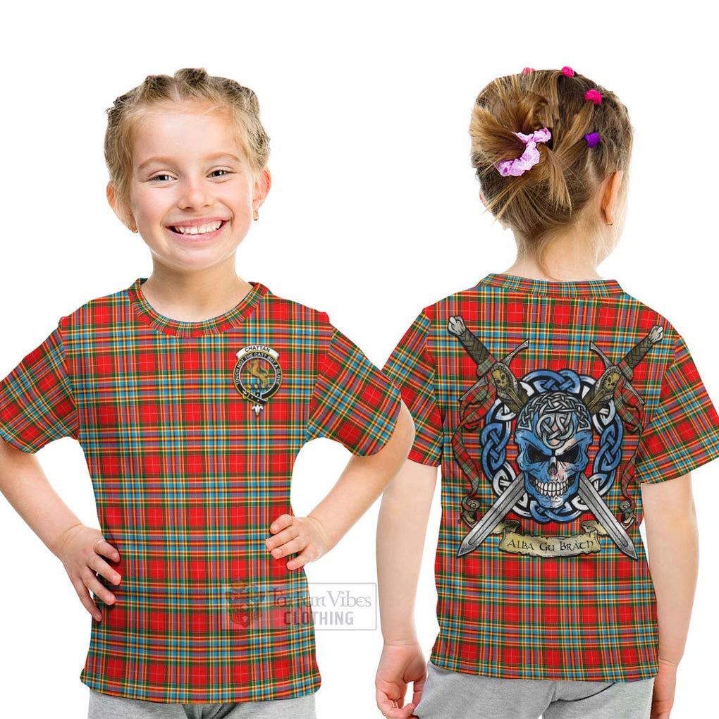 Tartan Vibes Clothing Chattan Tartan Kid T-Shirt with Family Crest Celtic Skull Style