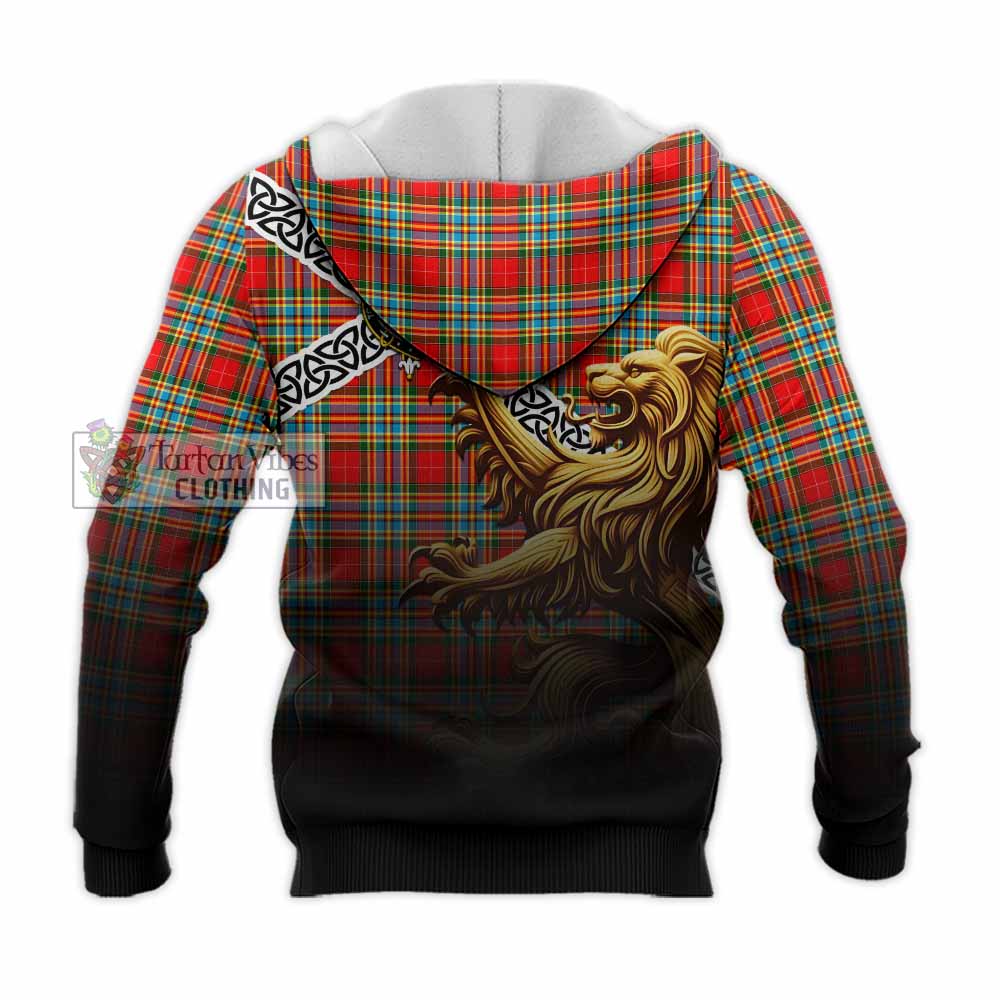 Tartan Vibes Clothing Chattan Crest Tartan Knitted Hoodie with Golden Lion Emblem Celtic Style